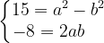 \dpi{120} \left\{\begin{matrix} 15=a^{2}-b^{2}\\ -8=2ab\; \; \; \; \end{matrix}\right.